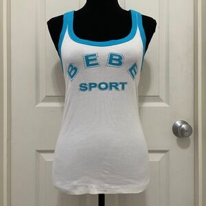 Vintage Bebe Sport Ribbed Tank Top White Blue Y2K McBling NWT Large USA Made